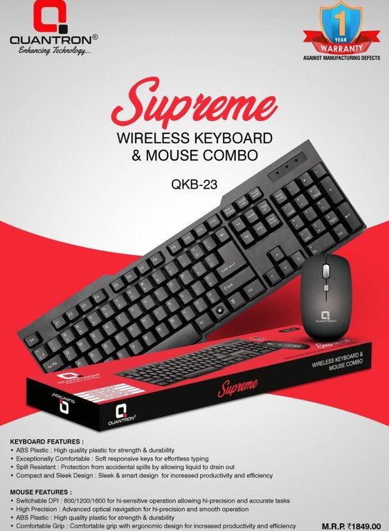 Quantron QKB -23, SUPREME WIRLESS KEYBOARD & MOUSE COMBO. Internal Standard Laptop Keyboard Compatible with Desktop (Black)
