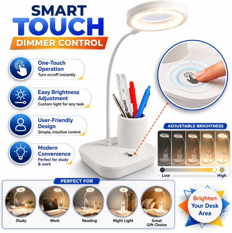 RL-0061 Rechargeable LED Table Lamp with Touch Dimmer, Study Lamp (9 cm, White)