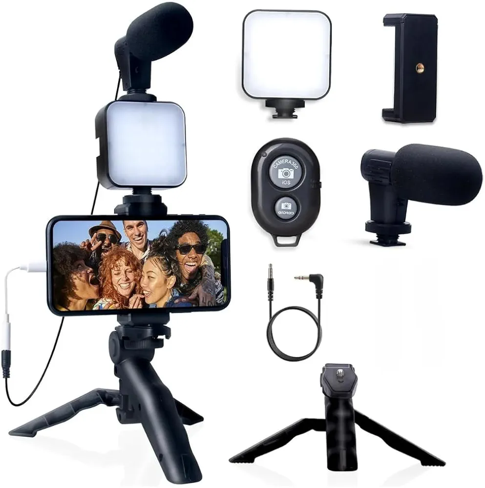 Professional Video Making Kit, LED Light Microphone Tripod Stand Smartphone Mount, Complete Content Creator Kit for YouTube Vlogging Recording, Black, Standard Size
